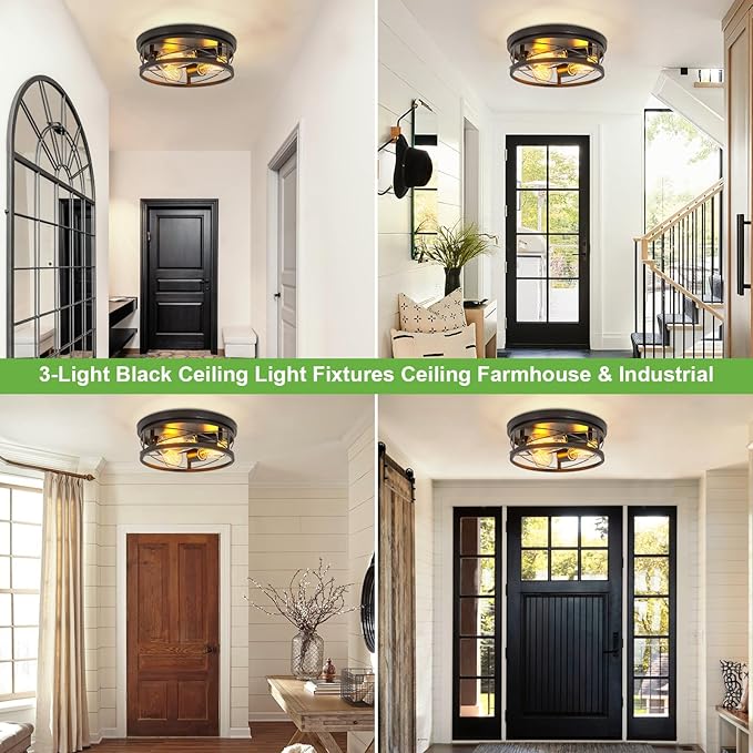 Farmhouse Ceiling Light Fixtures Black Flush Mount Ceiling Light 3-Light Vintage Kitchen Light Fixtures Metal Cage Ceiling Lights for Bedroom, Living Room, Hallway, Foyer(E26 Base)