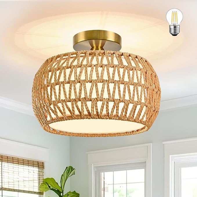 12.6 inch Natural Rattan Ceiling Light Fixture Hand-Woven Rattan Chandelier Boho Ceiling Light Fabric Shade Boho Chandelier for Kitchen Dinning Room (Bulb Incl.)