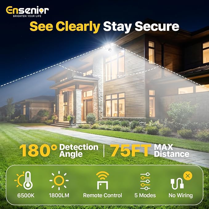 Ensenior Solar Security Lights, Wide Beam Flood Light 6500K Super Bright for Driveway Backyard Garden, Remote Control Motion Lights, Weather-Resistant Exterior Lighting, 1800LM Lumen, Black, 2-Pack