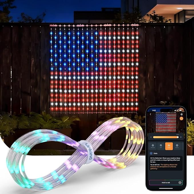Linkind Smart Curtain Lights - APP Control, AI Pattern GIF Display, Works with Alexa Google Home, 400 LEDs Color Changing Lights Outdoor Indoor Fourth of July American Flag Lights, 4.9×4.5ft