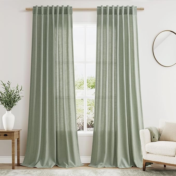 Nanspring Desert Sage Linen Curtains 108 Inches Long for Living Room Bedroom 2 Panels Set Extra Long Back Tab Curtain Light Filtering Sheer Drapes Floor to Ceiling Curtain for Large Windows 52x108