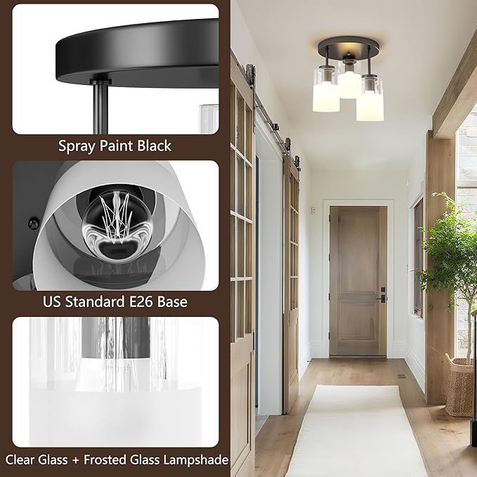 Maxax 3-Lights Black Semi Flush Mount Ceiling Light Fixture, 11.5" Modern Farmhouse Light Fixture with Clear Frosted Glass, E26 Base, for Kitchen, Foyer, Hallway, Entryway, Bedroom, Stairs