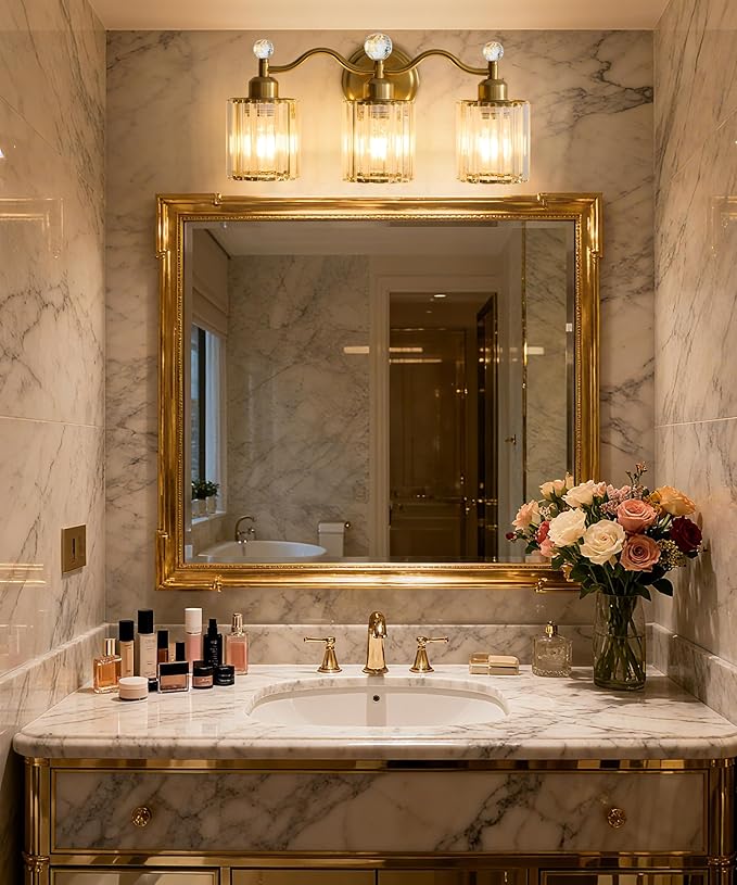 Bathroom Vanity Light Fixtures 3-lights, Gold Crystal Vanity Lights for Bath, Bathroom Lights Fixture with Clear Crystal Glass Shade, Modern Wall Light over Mirror, Wall Sconces Light for Hallway