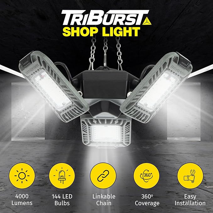 Triburst LED Shop Lights for Workshop, 4000 Lumens Super Bright Garage Lighting, LED Garage Lights, LED Shop Light, Ceiling Light with 3 Light Panels, Linkable, Plugs into Outlet, Easy to Install