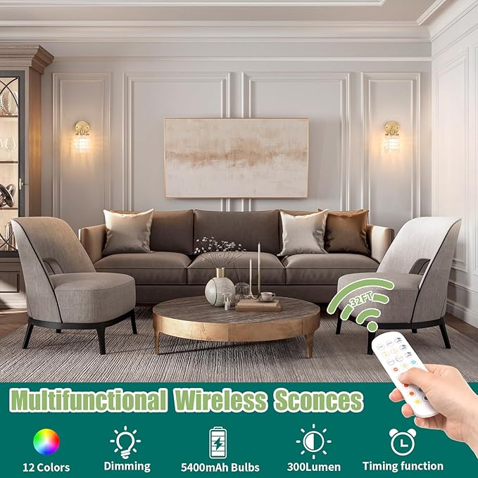 Shenmoyl Battery Operated Wall Sconce with Shell Shade, Rechargeable Wall Lamp with 5400mAh Battery & Remote Control, Modern Dimmable Wireless Wall Lights for Bedroom Bathroom (White, Gold Base)