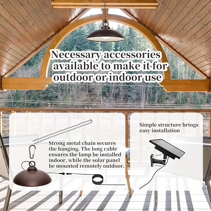 Solar Pendant Lights, Outdoor Indoor 300 Lumen Solar LED Shed Light, with Remote Control: 3 CCT Options, 2 Brightness, Timing Settings, Single Pack, Rubbed Bronze Finish