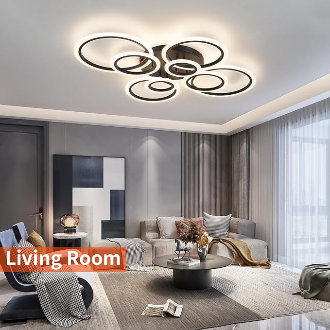 Shine LUEST Modern Ceiling Light, 41.3'' Dimmable LED Black Flush Mount Ceiling Lights with Remote Acrylic Round Ceiling Lamp Fixture for Low Ceiling Bedroom Living Room Dining Room, 108W