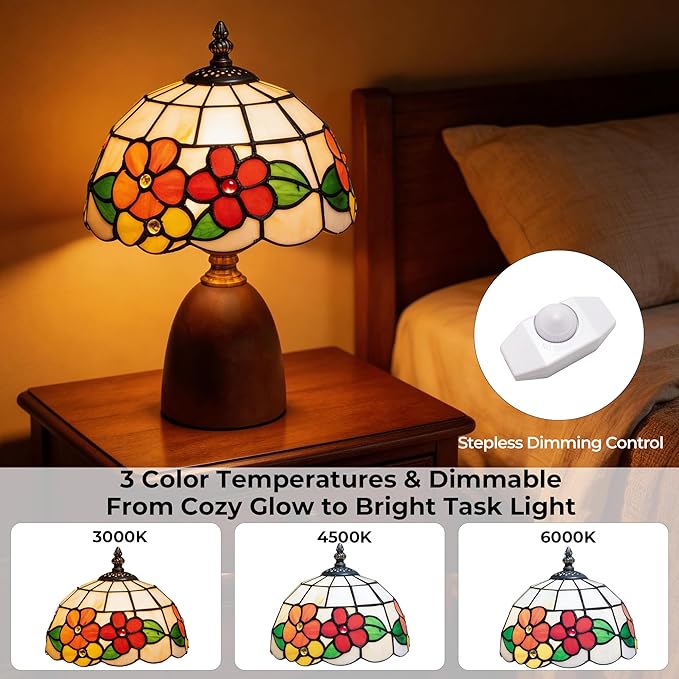 12.2" Tiffany Style Lamp, Handcrafted Stained Glass Sunflower Table Lamp with Spherical Solid Wood Base, 3-Color Dimmable Bedside Lamp for Nightstand & Bedroom, Vintage Aesthetic Accent Light