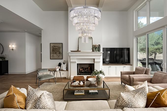 TOCHIC Large Crystal Chandelier 31.5 inch, 5-Tier Round Modern Chrome Crystal Chandeliers, Raindrop K9 High Ceiling Light for Living Room,Staircase, Entryway, Dining Room, Foyer