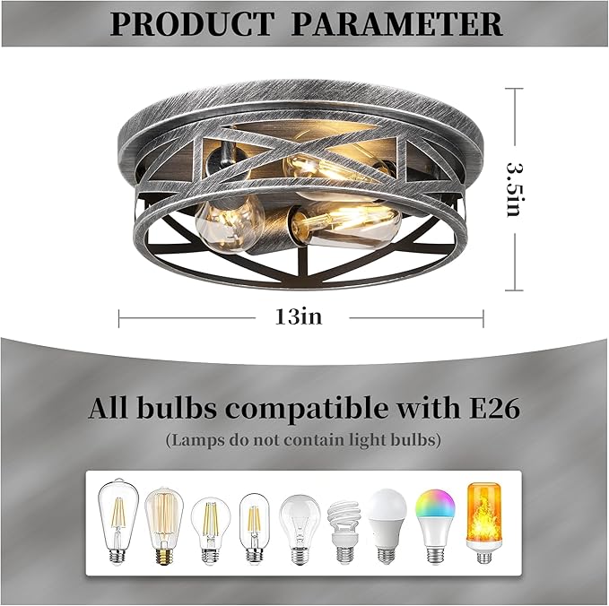3-Light Cage Ceiling Light Fixtures, Farmhouse Close to Ceiling Lights, 13 Inch Black and Silver Metal Flush Mount Ceiling Lights for Bedroom, Living Room, Porch Kitchen Entrance
