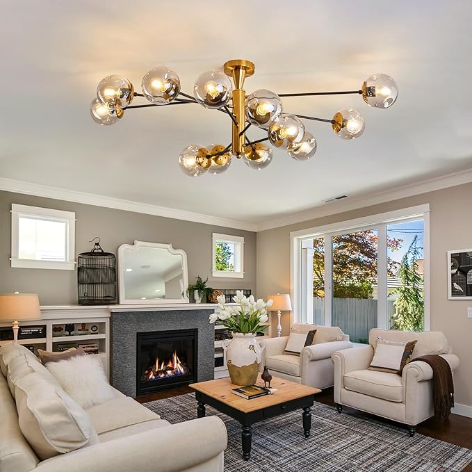 hesoge Large 12 Light Sputnik Semi Flush Mount Ceiling Light Fixture Gold Mid Century Modern Chandelier with Glass Globe Close to Ceiling Light for Living Room Kitchen Dining Room Bedroom.