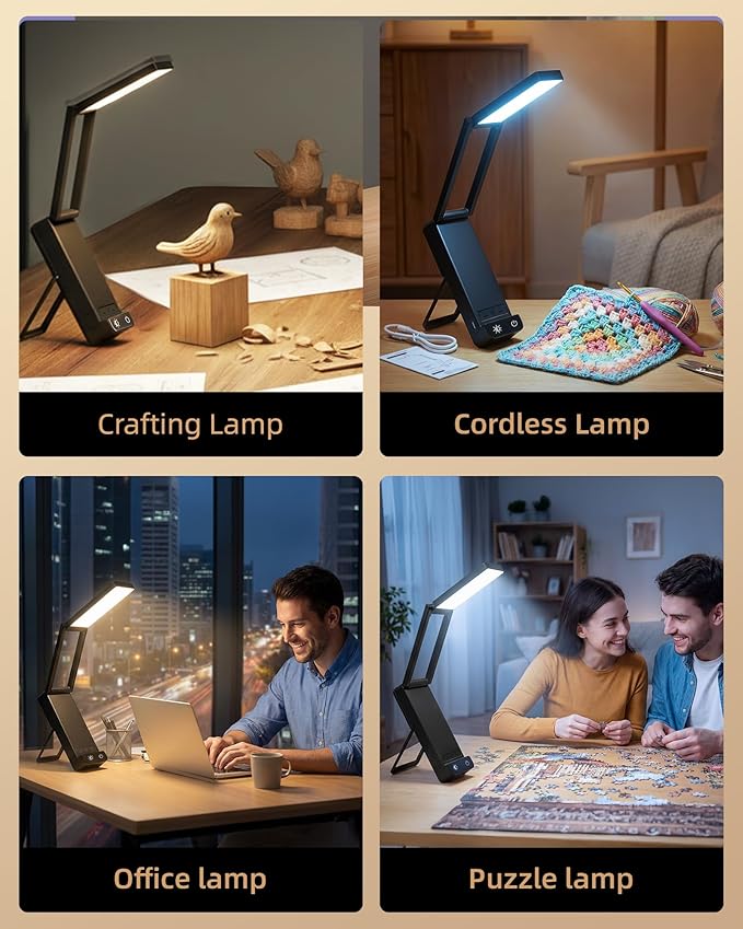 EZVALO LED Rechargeable Desk Lamp, 6000mAh Battery Operated Light, Cordless Table Lamp for Book Reading, Foldable Mini Lamp & Portable, 3 Color Dimmable Small Wireless Reading Lamp, Black