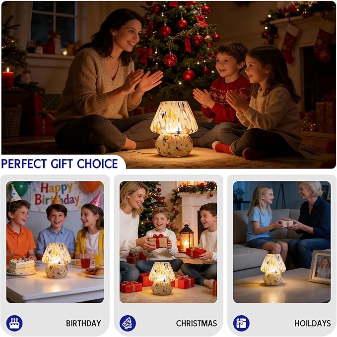 ULAROOM Cordless Mushroom Lamp-Modern Small Battery Operated Table Lamp with Timer for Home Decor,Aesthetic Glass Battery Powered Lamp for Bedroom/Kitchen/Living Room/Shelf Decor(White&Blue)