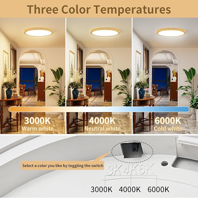 Light Fixtures Ceiling Mount: 12 Inch 24W Wood Grain 3CCT LED Ceiling Light 3000K-4000K-6000K Selectable Flat Round Lights for Bedroom Laundry Closet Hallway Office Set of 2