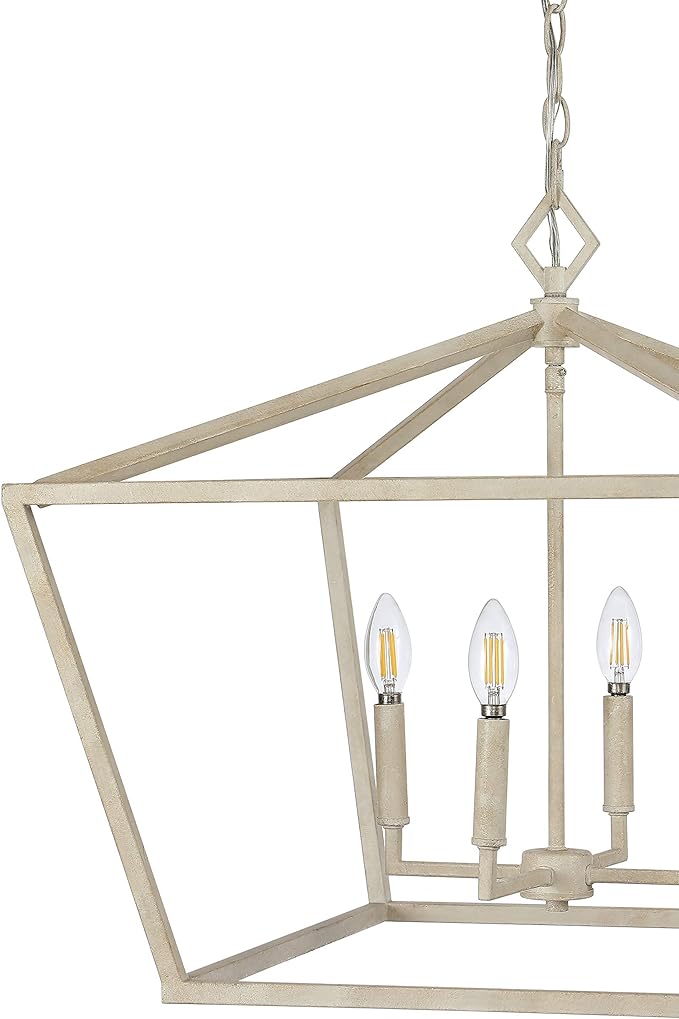 JONATHAN Y 23" Antique White 4-Light Rustic Glam Adjustable Iron LED Pendant, Open Cage Lantern Hanging Light for Dining Room, Kitchen Island, Foyer, Farmhouse French Country JYL7520A