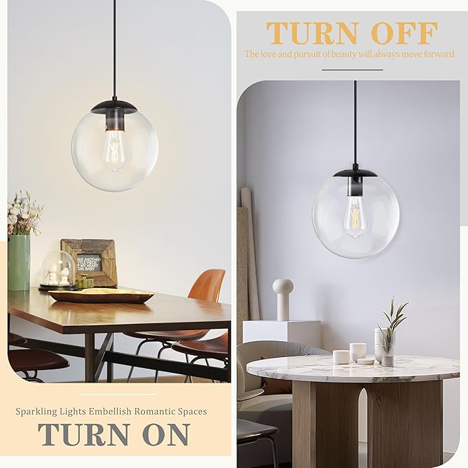 KoKo&Yukina 10" Globe Pendant Light Black Plug in Pendant Light Adjustable Hanging Lights with Plug in Cord Matte Black Finished with Clear Glass Lampshade for Bedroom Kitchen Island（Bulb Included）