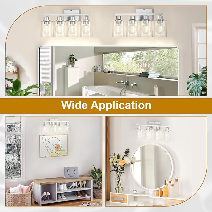 Bathroom Lighting Fixtures Over Mirror Brushed Nickel, 24Inches Vanity Lights for Bathroom, Modern 4-Light Wall Sconces E26 Base, Transparent Clear Glass Shades, Bulbs Not Included