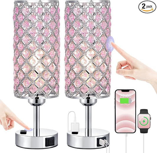Hong-in Pink Crystal Lamp Set of 2, 3 Way Dimmable Touch Lamp for Bedroom with Crystal Shade, Bedside Nightstand Lamps for Living Room Bedroom Home Office