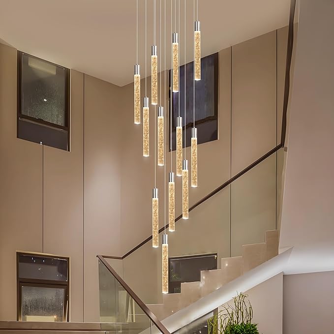 12-Light High Ceiling Chandeliers Modern Chorme Crystal Chandeliers for Entryway Long Spiral LED Dimmable Chandelier Flush Mount Ceiling Staircase Foyer Living Room Ceilings Light Fixture