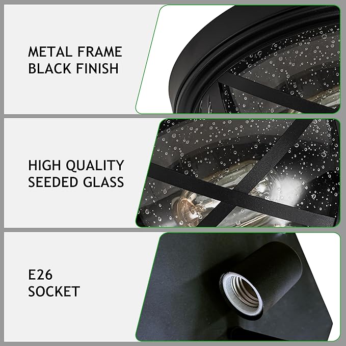 Flush Mount Ceiling Light Fixture Black, 2-Light Modern Farmhouse Porch Light Ceiling Mount for Outdoor, Indoor Flush Mount Lights Fixture for Hallway Foyer Kitchen Bathroom with Seeded Glass