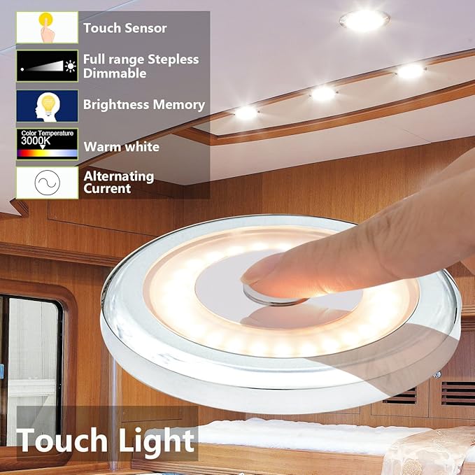 THALASSA 2 Pcs 12V Boat Interior Ceiling LED Light with Dimmer Switch - 3W 2800K Warm White, Surface Mounted, Small Dome Light be Used in RV Camper Van Caravan Yachts Motorhome, 72mm Diameter