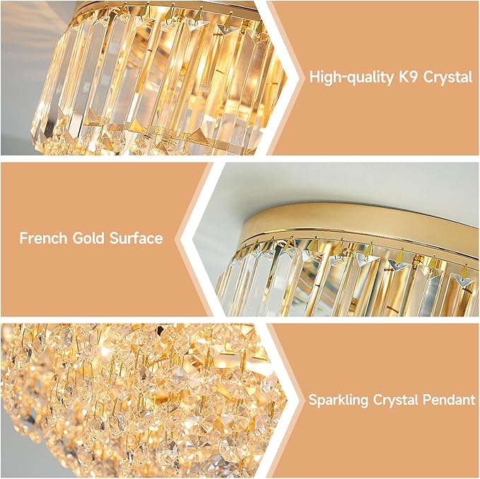 YMP&YZX Modern French Gold Crystal Chandelier Ceiling Light,15.7" Semi Flush Mount 5-Lights LED Crystal Round Chandelier Light E12 Base for Bedroom Living Room