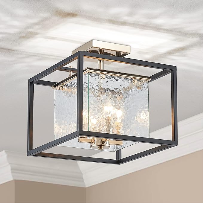 AGV LIGHTING CL015 Semi Flush Mount Ceiling Light Fixture, Close to Ceiling Light, 4-Lights E12 Base, Hazy Textured Glass Shade, Matte Black & Shine Gold Finish