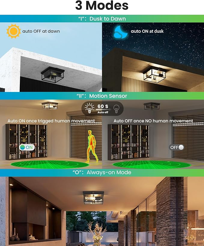 Outdoor Ceiling Light with Motion Sensor, Flush Mount Porch Light, Exterior Light Fixture with Clear Glass, Dusk to Dawn 2-Light Fixture for Patio,Porch (10.5 in)