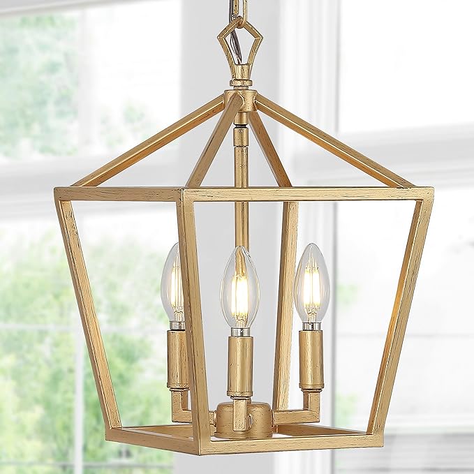 JONATHAN Y 10" Brass Gold 3-Light Pagoda LED Pendant Lantern, Classic Modern Farmhouse Chandelier for Kitchen Island, Dining Room, Entry, Foyer, Rustic Iron Frame (JYL7601B)