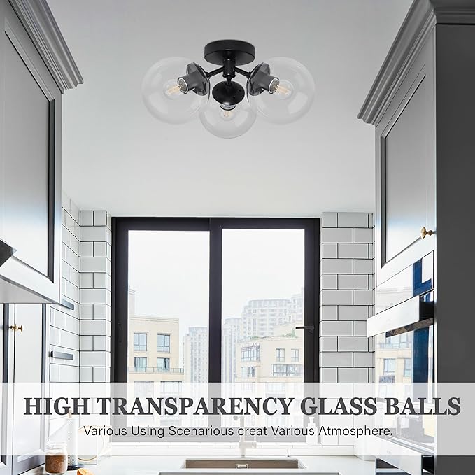3-Light Modern Black Semi Flush Mount Ceiling Light Clear Glass Globe Ceiling Lights Mid Century Black Chandelier 3 Light Sputnik Ceilings Lights Fixture for Bedroom Hallway Entryway
