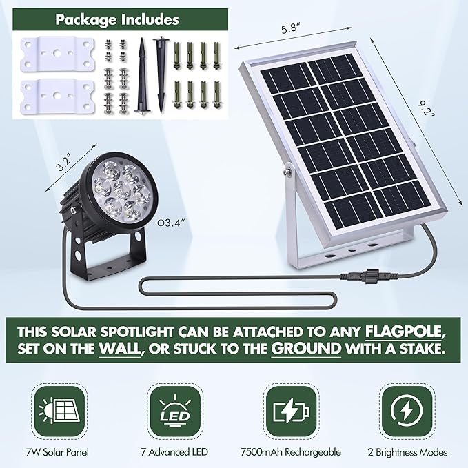 Flagpole Light Solar Powered,Auro 7 Pro Solar Spot Light 7 LED for 1.5"-3.3" Poles,18 Hour Dusk to Dawn Auto On/Off,7W Outdoor IP65 Waterproof,Multiuse on Landscape,Wall - Cold White