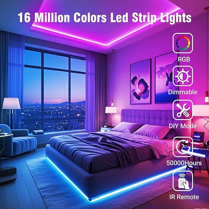 VOLIVO 200ft Led Strip Lights for Bedroom, Color Changing Led Light Strips Kit with Bluetooth App Control and IR Remote, RGB Music Sync Lighting for Room, Home Decor