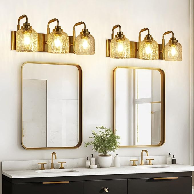 WJShome Modern Crystal Bathroom Vanity Light, 3-Light Gold Bathroom Light Fixtures, Vanity Lighting Fixtures Over Mirror with Clear Shades