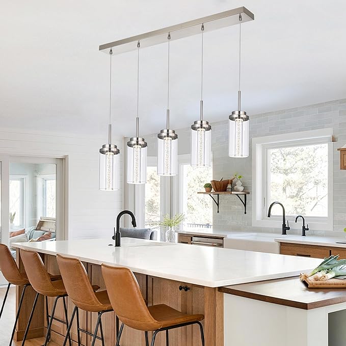 MELUCEE 5-Lights Led Chandelier, Kitchen Island Lighting Brushed Nickel Linear Chandelier with Clear Glass Shade, Large Pendant Lighting for Dining Room Over Table, 3000K-6000K Adjustable, 25W