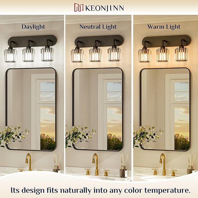 Keonjinn 4-Light Bathroom Light Fixtures, Crystal Black Bathroom Vanity Lights Over Mirror, Vanity Lighting Fixtures with Crystal Square Shades (E26 Socket, Exclude Bulb)