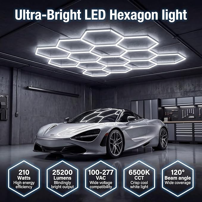 Z Hexagon Garage Lights 210W 25200LM - 35 Pack Super Bright LED Honeycomb Ceiling Lights for Garage, Workshop, Gym, Car Detailing, Barber & Auto Shops