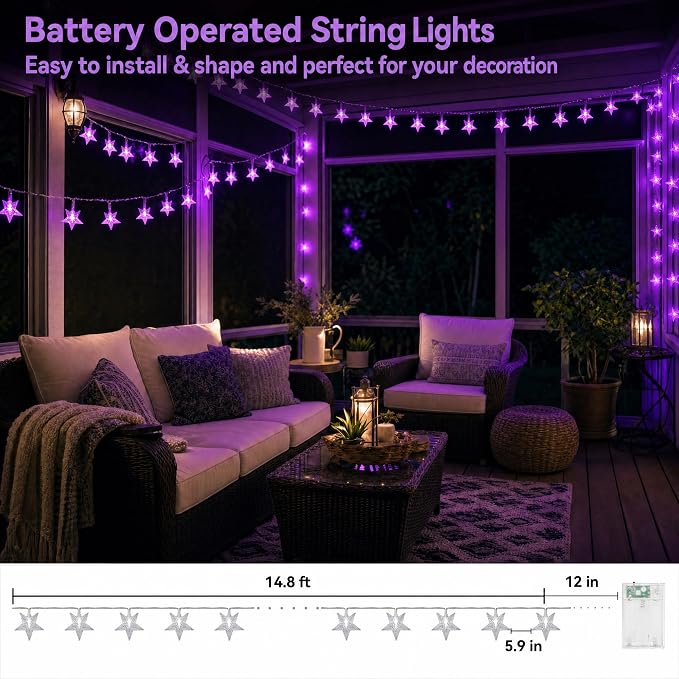 ITICdecor Star Lights 15 FT 30 LED Battery Operated Indoor & Outdoor Twinkle Fairy String Lights for Xmas Tree (Purple)