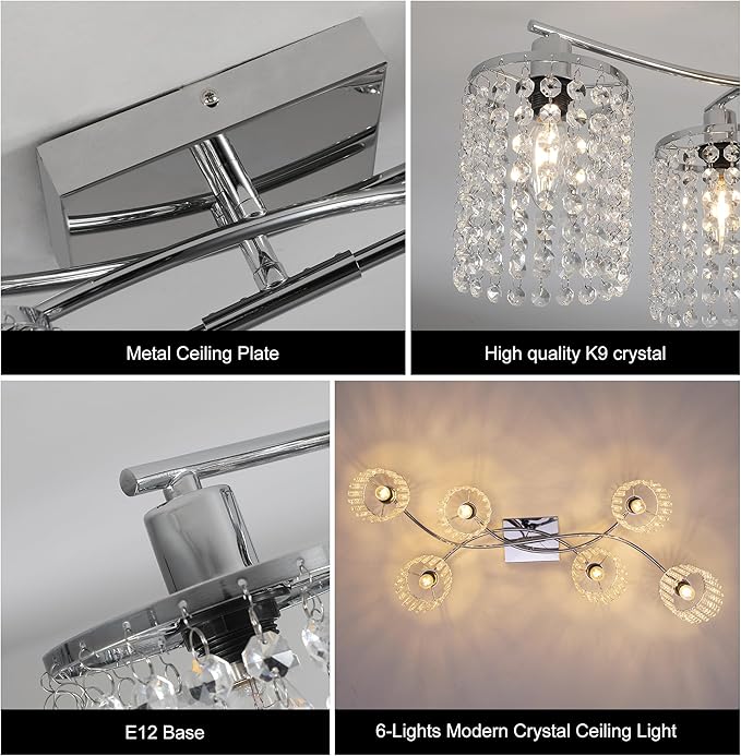 Garwarm 35" Semi Flush Mount Ceiling Light, 6 Lights Modern Crystal Chandeliers, Dining Room Light Fixture Kitchen Lighting Fixtures Ceiling for Living Room Bedroom Chrome