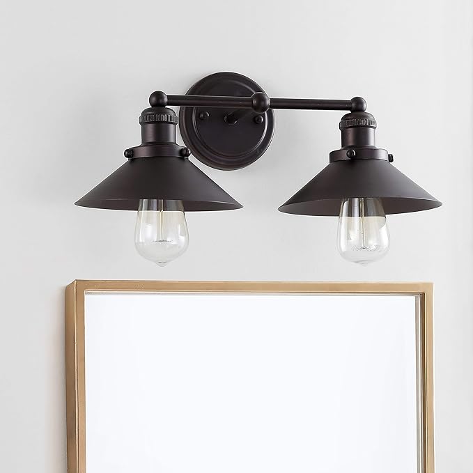 JONATHAN Y 17.5" Oil Rubbed Bronze 2-Light Industrial Farmhouse Metal Vanity Light Wall Sconce, Metal Shade for Bathroom Mirror, Kitchen, Entryway, LED Bulb Included (JYL7427A)