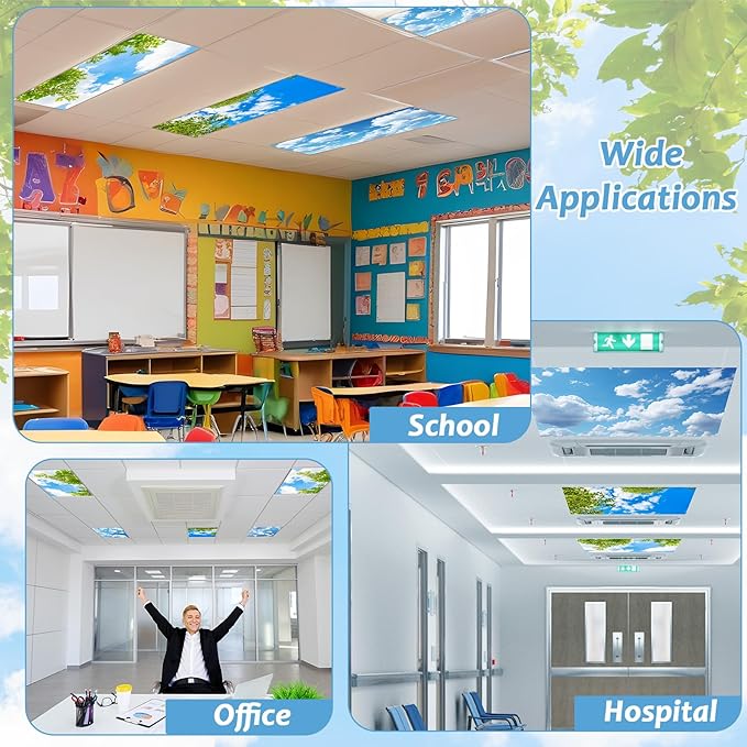 Wiooffen 4 Pcs Fluorescent Light Covers for Classroom Ceiling Lights 4 x 2 Feet Magnetic Light Covers Filter Easy Install for Office Hospitals Home Supplies (Trees Blue Sky Clouds)