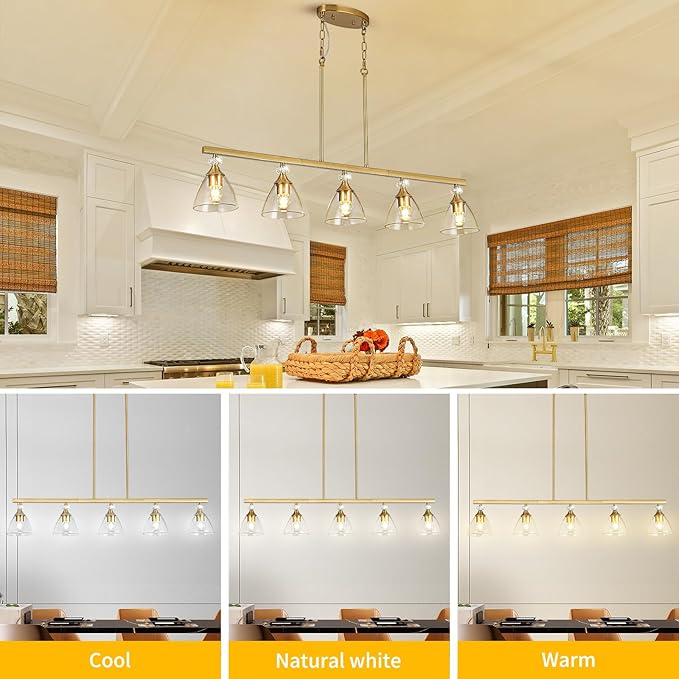 5-Light Gold Finish Kitchen Island Pendant Lighting with Clear Glass Shades for Dining Table, Kitchen Island, Living Room