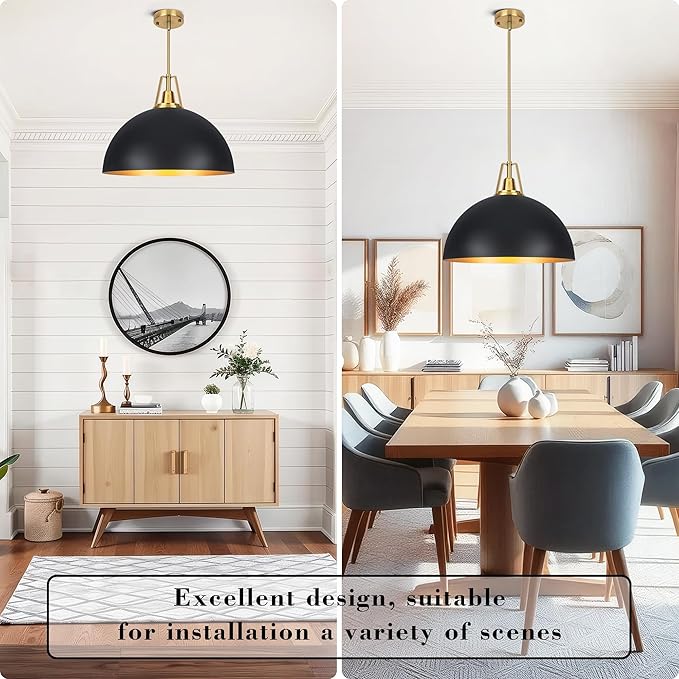 19.69" Large Black Dome Pendant Light Fixtures, Black and Gold Dome Pendant Lights for Kitchen Island, Farmhouse Chandeliers for Dining Room, Living Room, Bedroom, Entryway, Foyer