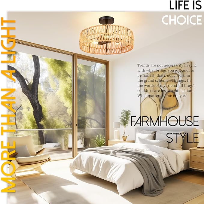 Hamilyeah Boho Woven Flush Mount Ceiling Light Fixture, 16 inch Rattan Light Fixture Ceiling Mount for Living Room, Bedroom, Kitchen