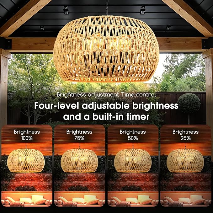 Solar Chandelier Outdoor 4-Light Rattan Chandelier Outdoor with Remote, Dimmable & Timer, Dual Power with USB, Boho Hanging Light for Porch, Gazebo, Patio, Pergola, Bulbs Included