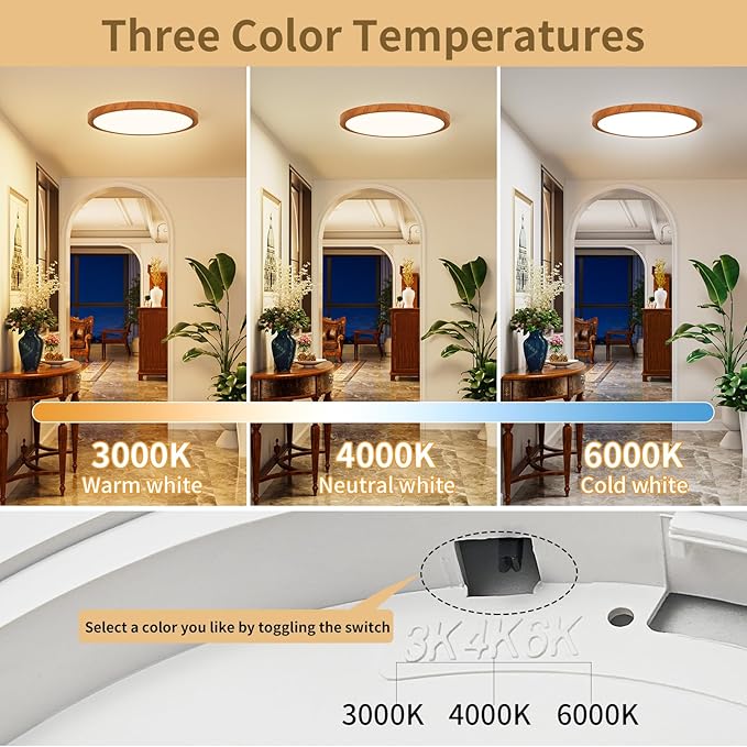 Light Fixtures Ceiling Mount: 12 Inch 24W Wood Grain 3CCT LED Ceiling Light 3000K-4000K-6000K Selectable Flat Round Lights for Bedroom Laundry Closet Hallway - Walnut Set of 2