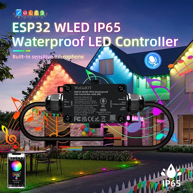 Waterproof ESP32 WLED Controller with Mic , Project for Pool Boat Landscape Outdoor Lights IP65 Dynamic RGB IC DIY Lighting WiFi APP Control for WS2812B DC5-24V RGBW LED Controller (1 Channel)