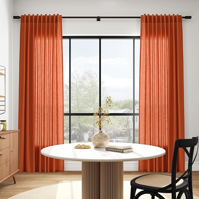 Nanspring Bright Orange Linen Blend Light Filtering Back Tab Curtains 108 Inches Long, Semi Sheer Privacy Drapes for Living Room & Bedroom, 52x108 inch, 2 Panels