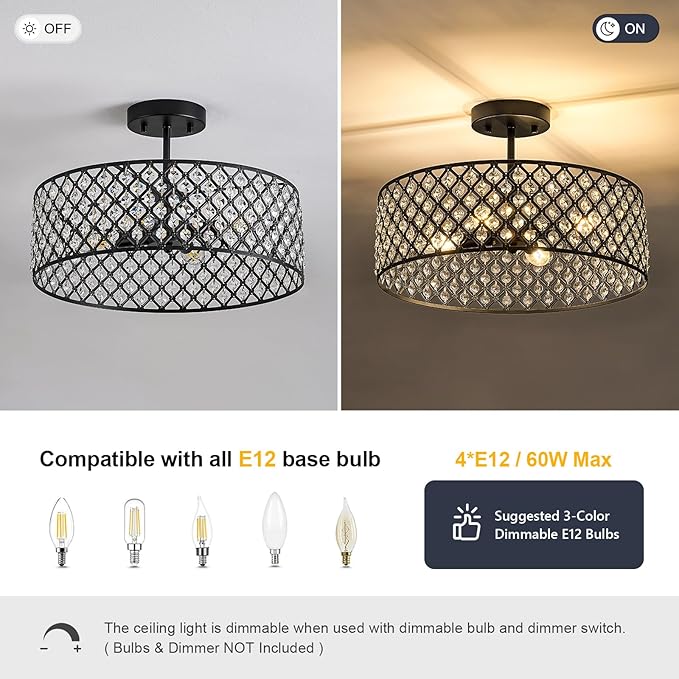 Black Crystal Ceiling Light Fixture,Modern Semi Flush Mount Ceiling Lighting Fixture,Round Small Chandelier for Dining Room, Hallway, Entryway, Kitchen, Bedroom,Foyer,4 Light,15.7 inch