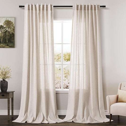 Extra Long Tan Beige Curtains 120 inch Length 2 Panels Set Back Tab Neutral Farmhouse Drapes Light Filtering Semi Sheer Linen Curtain 120 inches Long for Floor to Ceiling Window Patio Sliding Door