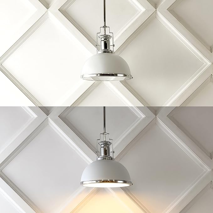 JONATHAN Y 13" Chrome/White Modern Industrial Iron LED Dome Pendant Light, Adjustable Hanging Fixture for Kitchen Island or Entryway, Black Metal Shade, LED Bulb Included (JYL9536C)